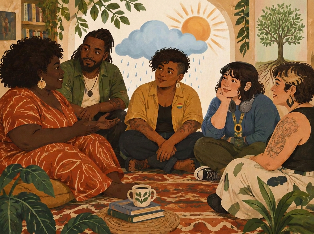 Grupo diverso de pessoas em uma conversa acolhedora e atenta